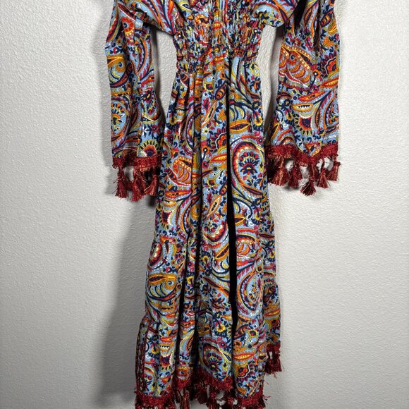 Womens Multicolor Paisley Print Cold Shoulder Long Sleeve Tassel Hem Midi Dress - Picture 4 of 9